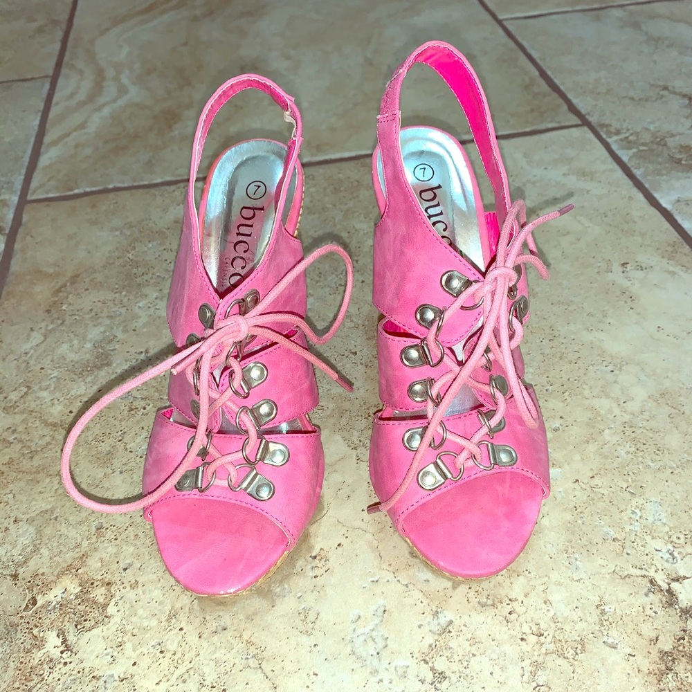 Hot Pink Bucco tie up summer heel Sandals
